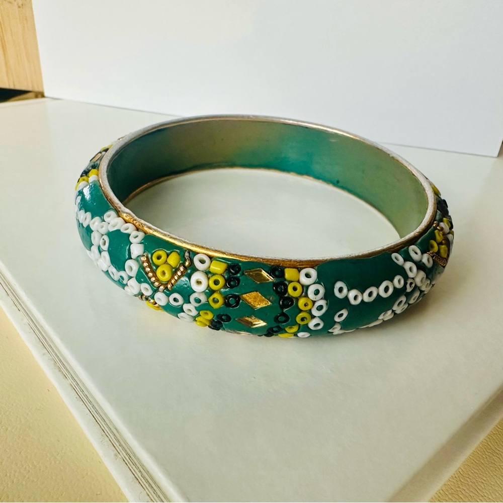 Vintage India Wooden Green Bracelet Bangle w Gold & Beaded Trim - Picture 5 of 7